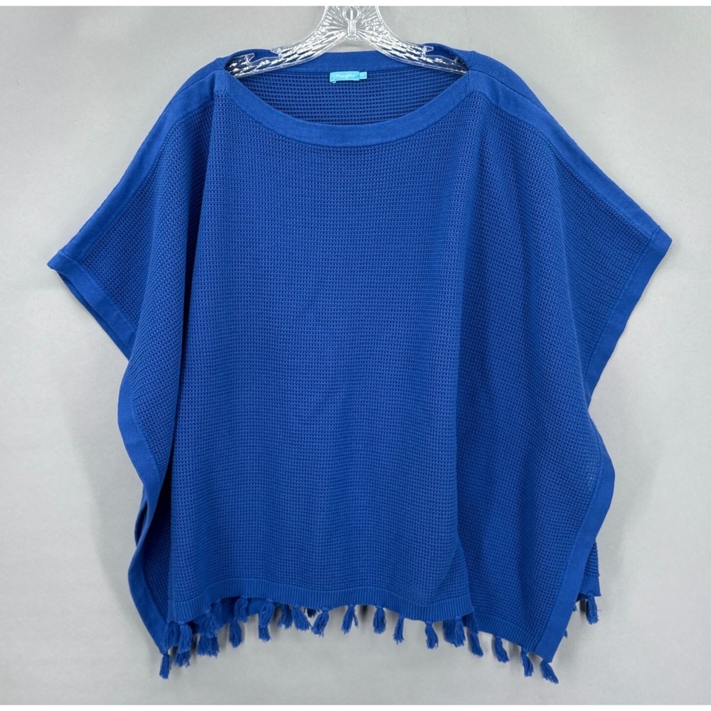 J McLaughlin Poncho Sweater Top Pullover Blue Fringe Tassel Asha Open One Size